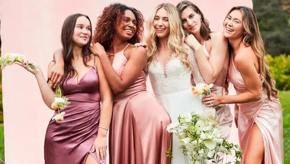 A wedding party posing for photos.