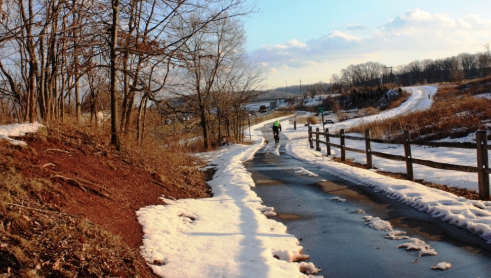 Scenic snowy view of a Montgomery County Road.
