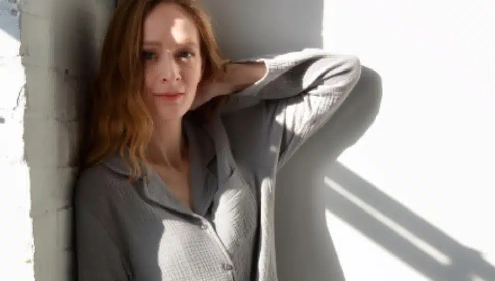 A woman wearing Moon Mountain sleepwear.