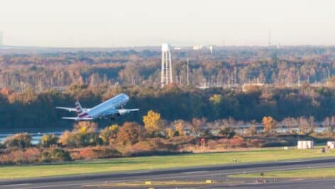 An airplane taking off from Philadelphia International Airport.
