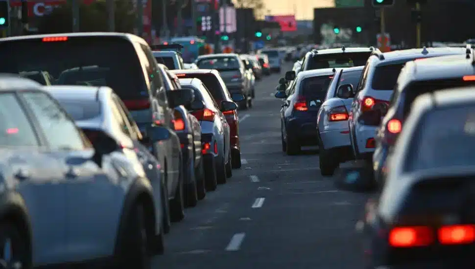Congested traffic on a road.