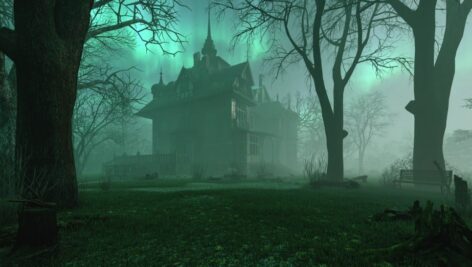 A haunted housed nestled in the woods.