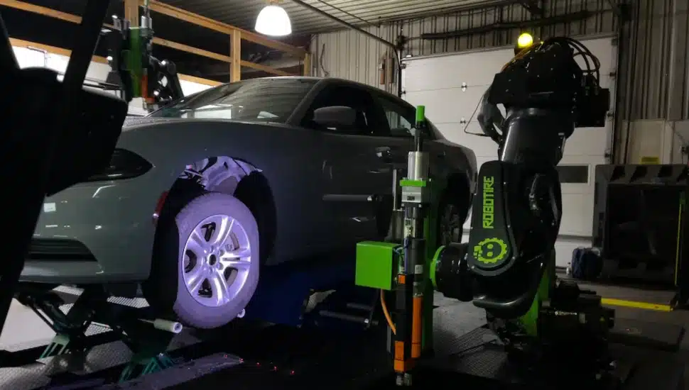 The RoboTire system isn't used in every bay.