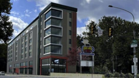 A rendering of the proposed development in West Oak Lane, including the re-opened diner.