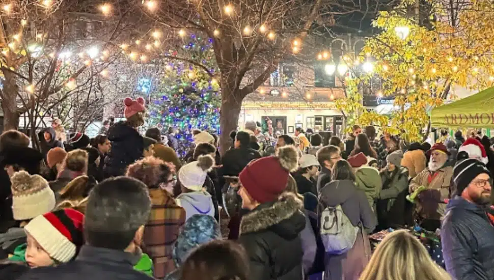 This year's holiday lighting at Schaeuffele Plaza in Ardmore.