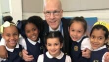 Murray Savar with some of his students at Irwin School.