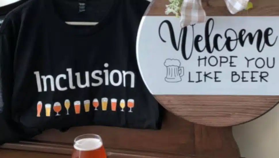 Perkiomen Valley Brewery t-shirt, beer and welcome sign.