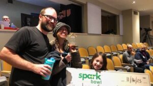Rochelle Berg with her family after winning a top award at this year's Spark Bowl.