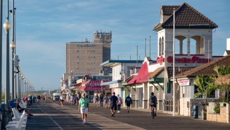 Hotels and shops along the boardwalk in Rehoboth Beach in Delaware.