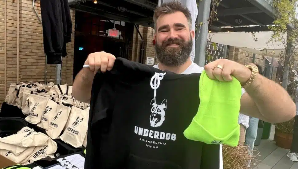 Jason Kelce shows off some of his Underdog apparel from his new clothing line benefiting Philly kids.