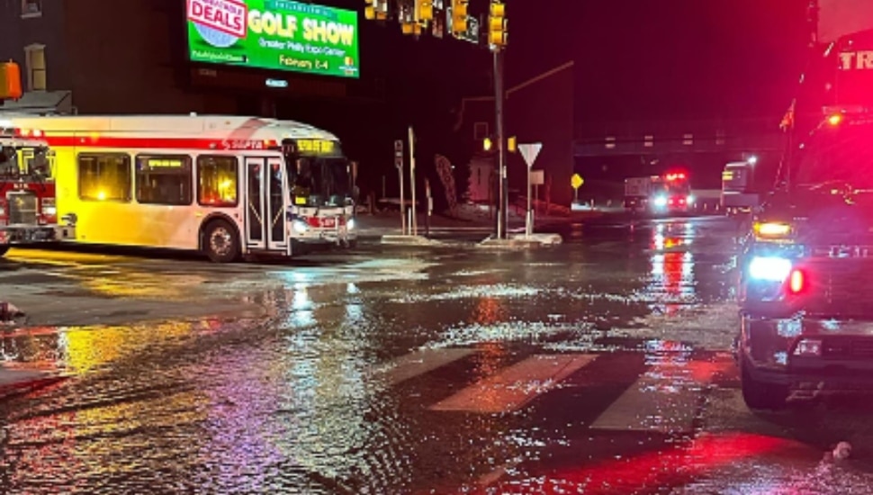 A water main break floods roads in Norristown