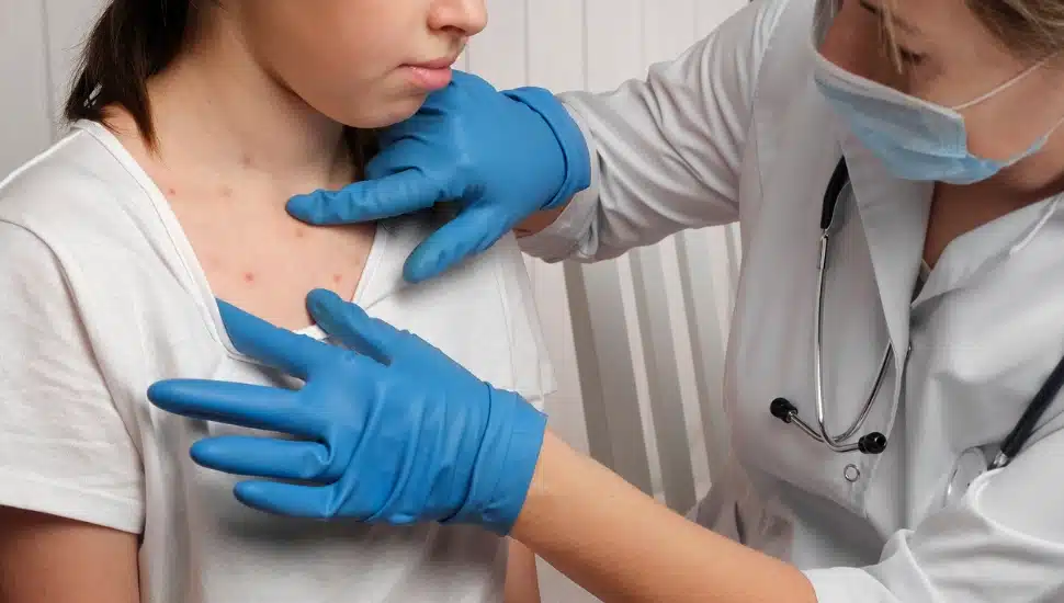 Nurse checking out a girl with measles