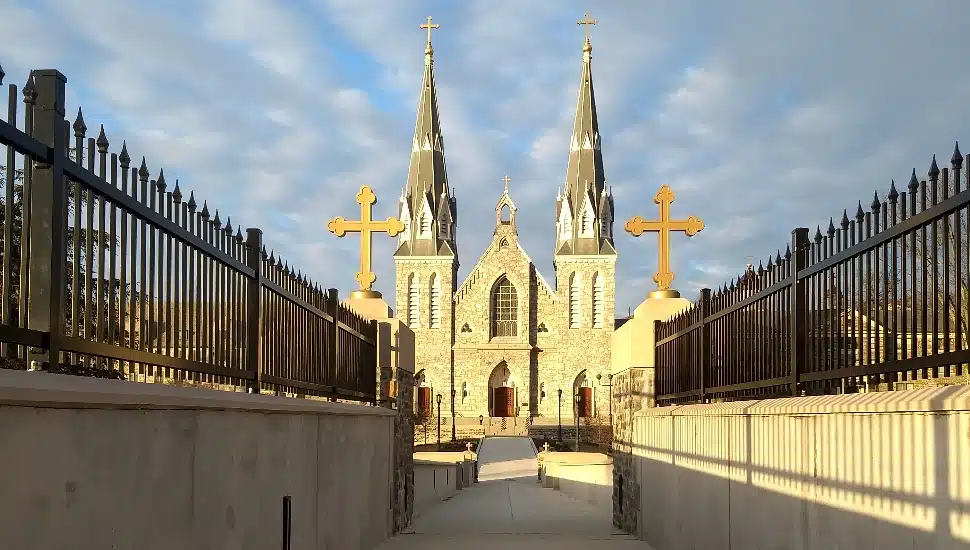 The newly constructed bridge connects Saint Thomas of Villanova Church to the rest of the University's campus.