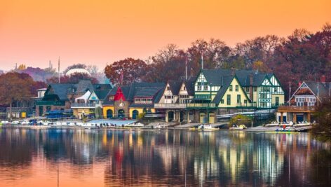 Dawn on the Schuylkill River at Boathouse Row.