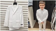 A white suit for Holy Communion from Goldstein's, and a young boy wearing a white suit.