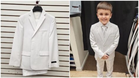 A white suit for Holy Communion from Goldstein's, and a young boy wearing a white suit.