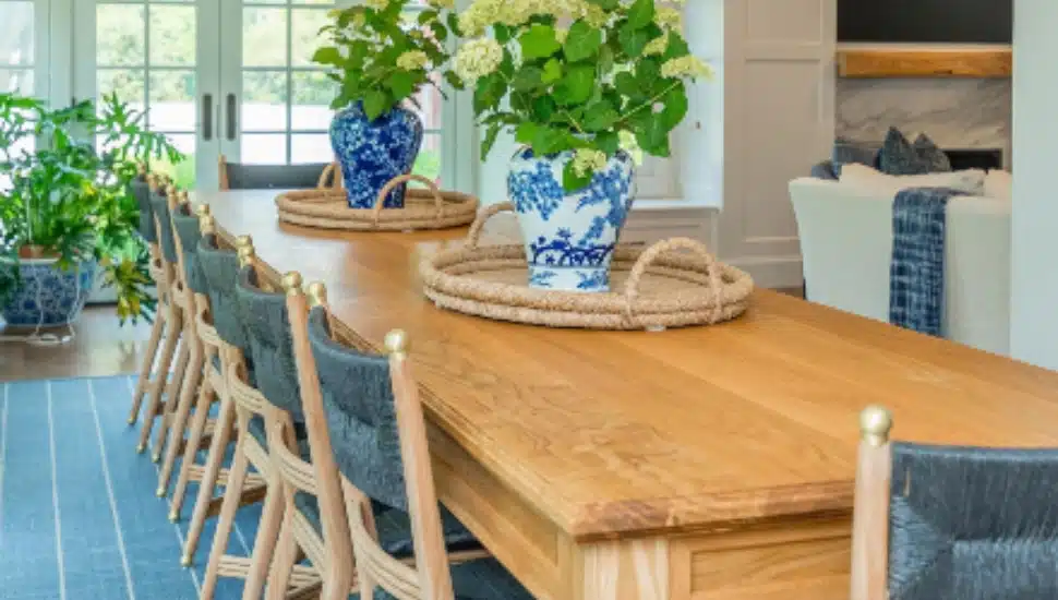 A custom-made long dining room table.