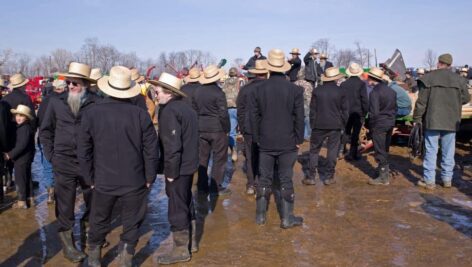 amish stand around talking at a mud sales