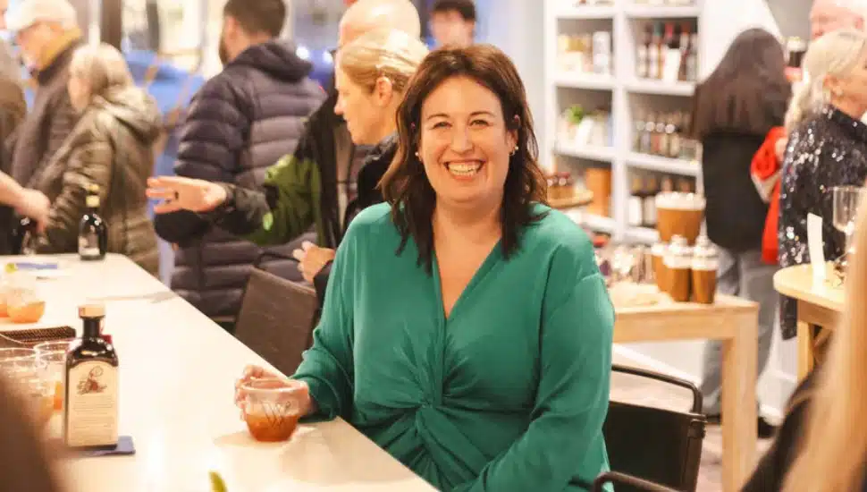 Robin Cummiskey, owner of Wallace Dry Goods settles down with a good non-alcoholic drink.