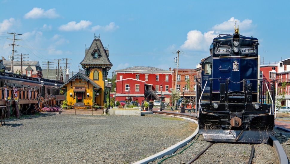 The Boyertown train station on Sept. 7, 2021, with the former PRR GP10 No. 7263 sitting on new track.