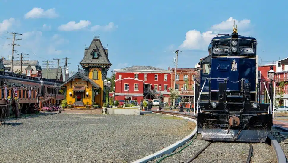 The Boyertown train station on Sept. 7, 2021, with the former PRR GP10 No. 7263 sitting on new track.