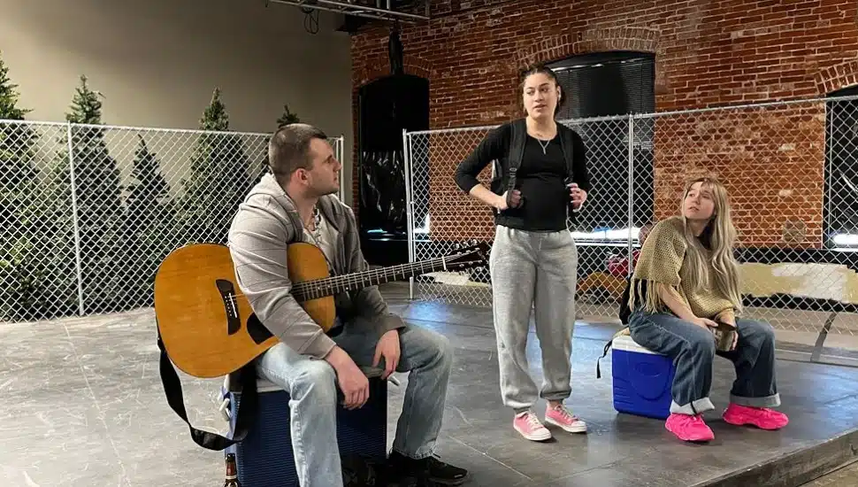 From left, Colin Hogan, Nelly Jefferson, and Sonja Rosenwald rehearse for Montgomery County Community College’s West End Student Theatre and Theatre Arts Program performance of “Homefree” at the College’s Pottstown Campus.