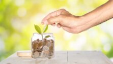 A man's hand puts a coin into a glass jar where a tree is growing.