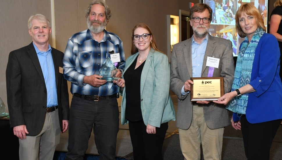 At the Governor’s Award for Environmental Excellence (L-R): Tom Gilbert, President, Pennsylvania Environmental Council; Nur Ritter (with trophy), GNA Stewardship Manager; Jessica Shirley, Acting Secretary, Pennsylvania Department of Environmental Protection; Brad Flamm (with plaque), WCU Director of Sustainability; and Cindy Adams Dunn, Secretary, Pennsylvania Department of Conservation and Natural Resources.