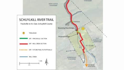 Map showing the miles of trail to be developed between St. Clair and Frackville.