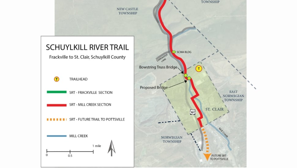 Map showing the miles of trail to be developed between St. Clair and Frackville.