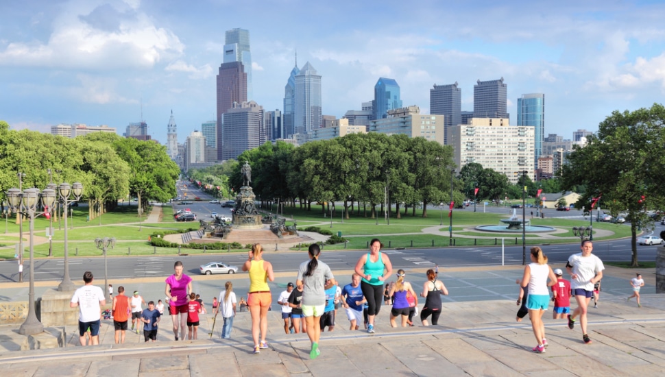 People gathered on the Philadelphia Museum of Art steps