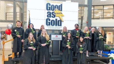 During a special induction ceremony, Montgomery County Community College welcomed its newest members to the Alpha Kappa Zeta chapter of the Phi Theta Kappa international honor society for two-year colleges. Photo shows a group of students gathered at the ceremony.