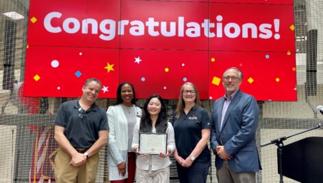 From left: Scott Vaughen, Math Assistant Professor; Dr. Chae Sweet, Vice President of Academic Affairs and Provost; My Ly, scholarship recipient; Dr. Vicki Bastecki-Perez, MCCC President; and Dr. James Bretz, Dean of Science, Technology, Engineering and Mathematics.