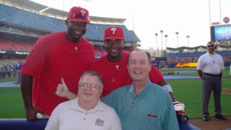 Brendan Costello (bottom right) with former Phillies Ryan Howard (upper left) and Jimmy Rollins (upper right) at Dodger Stadium in 2008.