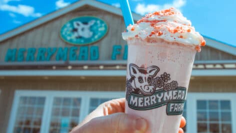 A strawberry milkshake topped with our homemade strawberry cookie crumble and whipping cream.