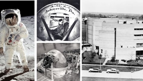 historical photos of astronaut on moon, centrifuge and the exterior johnsville training center