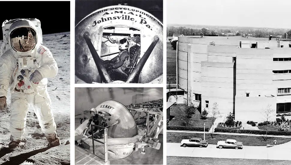 historical photos of astronaut on moon, centrifuge and the exterior johnsville training center