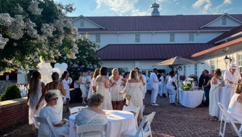 outdoor photo of glamour in the garden event attendees wearing all white