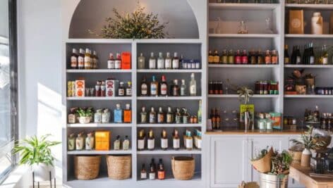 Shelves filled with bottles of non-alcoholic alternatives at Wallace Dry Goods in Ardmore.