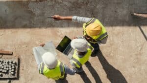 Two men on a construction site discuss plans for the job.