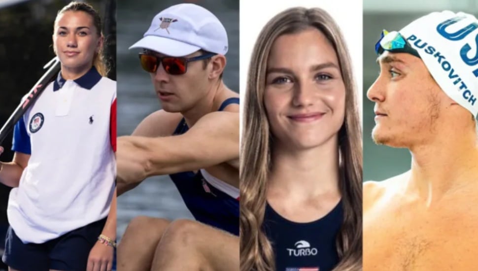 4 Episcopal Academy alumni are competing in the Paris Olympics. They are (from left) Ashley Sessa '22, Nick Mead '13, Jovana Sekulic '21 & Ivan Puskovitch '19.