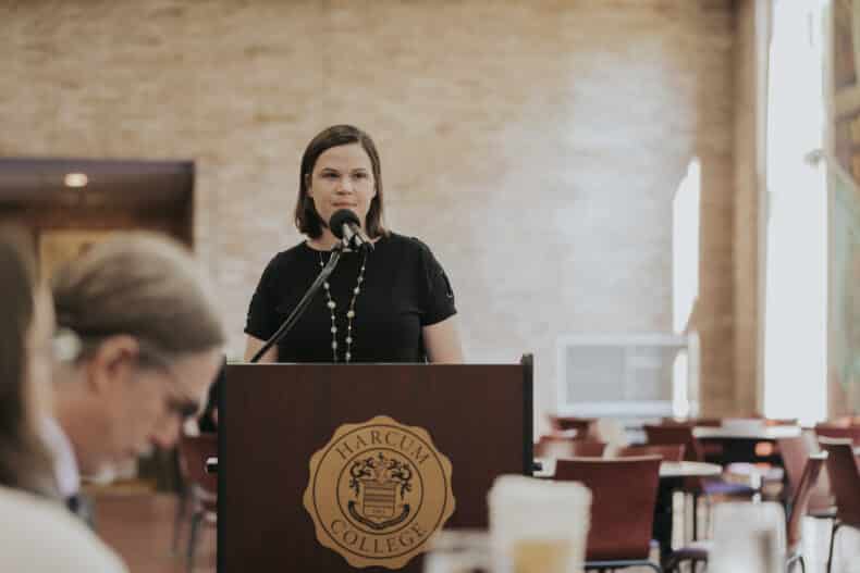 Rachel Bowen speaking at  Harcum College event. 