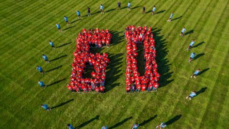 More than 350 students, employees, alumni and community members at Montgomery County Community College assembled at Blue Bell Campus to form a ‘Human 60’ to commemorate the College’s 60th anniversary.