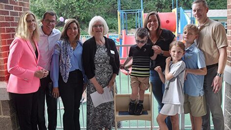 Joining in the Arc of Chester County's playground dedication Sept. 19 are (from left) Lisa Albany, Arc BOD President; Leo and Maryanne Parsons, Jeanne Meikrantz, Arc CEO; Conner, Sarah, Oliva, JJ and Bill Keeenan.