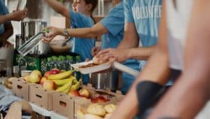 Volunteers working at a food drive.