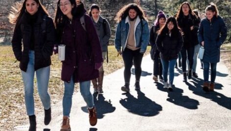 Students walking the campus of Swarthmore College.