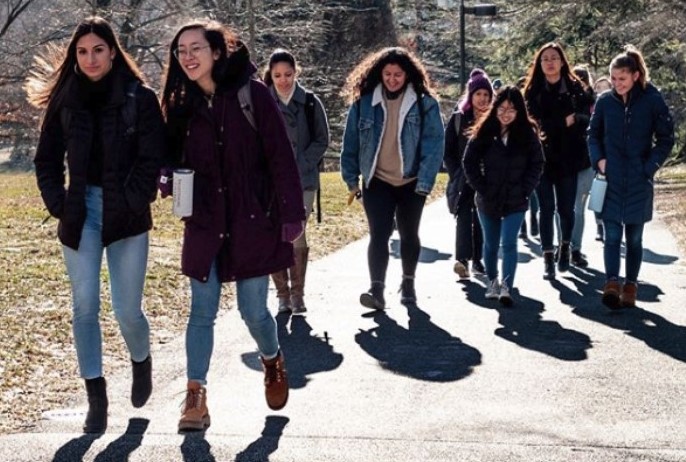 Students walking the campus of Swarthmore College.