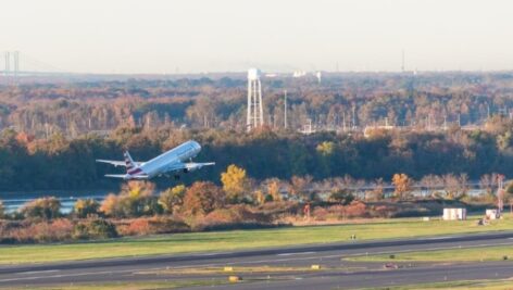 Airplane taking off at Philadelphia International Airport.