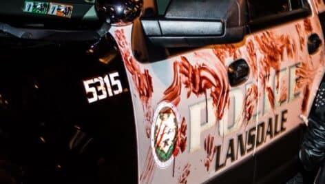 A police cruiser decorated in fake blood for the Lansdale Zombie Walk.