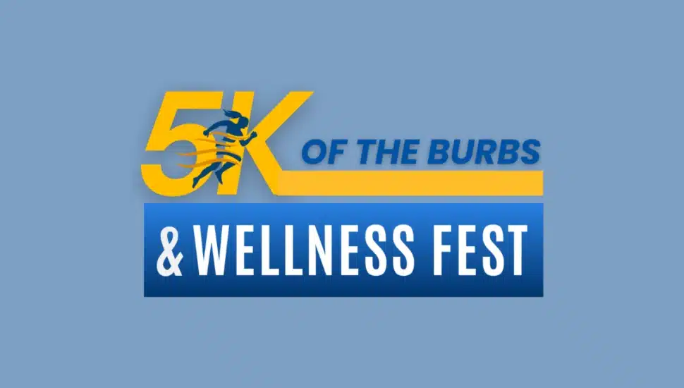 A graphic promoting the 5K of the Burbs & Wellness Fest.